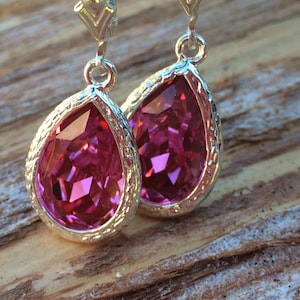 Pink Tear Drop Swarovski Earrings, Rose Pink Crystal Pear Drop Earrings, Rose Pear Shaped Dangle, Sterling Silver Lever Back Earrings