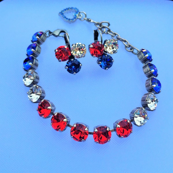 Americana Swarovski Crystal Jewelry, Red, White and Blue 8mm Crystals Set in Antiqued Silver Plated Earrings and Adjustable Bracelet