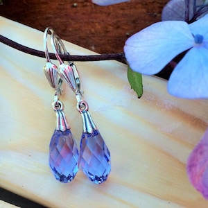 May include: A pair of silver dangle earrings with teardrop-shaped purple crystal accents.