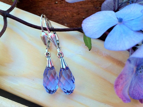 Light Amethyst or Provence Lavender Swarovski Crystal Drop Earrings. Briolette Drops Hang From Sterling Silver Bails and Leverback Earrings