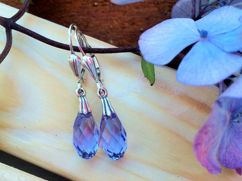 May include: A pair of silver dangle earrings with teardrop-shaped purple crystal accents.