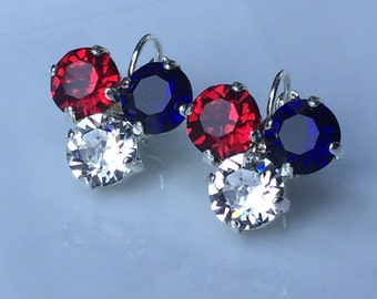 Patriotic Swarovski Crystal Earrings: Red, White, and Blue