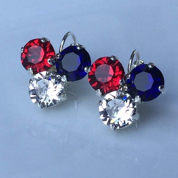 Patriotic Swarovski Earrings, Red, White and Blue 8mm Crystal Chatons Prong Set in Silver Leverback Earrings