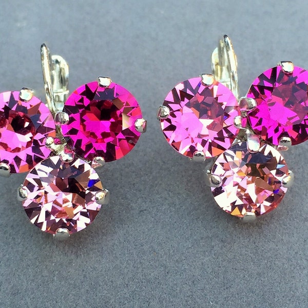 Pink Sparkle Cluster Earrings, Swarovski 8mm Crystal Chatons in Light Rose, Rose and Fuchsia Prong Set in Silver Leverback Earrings