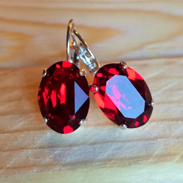 Siam Red Swarovski Crystal Drops, Red Oval Crystal Prong Set, Silver Lever Back Earrings