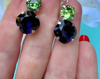 Swarovski Crystal Earrings: Peridot & Dark Indigo, Sterling Silver Plated