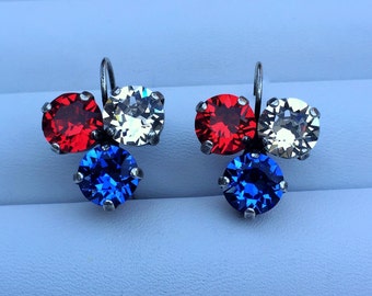Americana Swarovski Crystal Jewelry, Red, White and Blue 8mm Crystals Set in Antiqued Silver Plated Earrings and Adjustable Bracelet