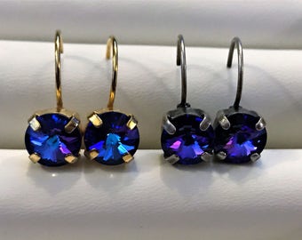 Heliotrope Swarovski Crystal Earrings, Purple and Blue 8mm Rivoli Crystal Prong Set in Silver, Gold or Antiqued Silver Plated Leverbacks