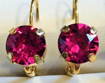 Fuchsia Swarovski Crystal Earrings, Dark Pink 8mm Round Chaton Prong Set in Antique Silver Plated or Gold Plated Leverback Earrings
