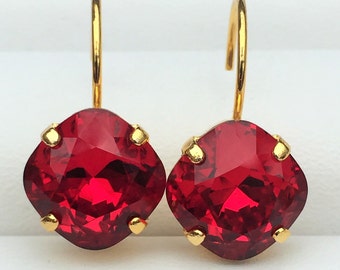 Siam Red Swarovski Crystal Earrings,  Red 10mm Square Crystal Prong Set in Silver, Antiqued Silver or Gold Plated Leverback Earrings