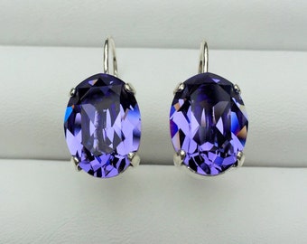 Tanzanite Swarovski Crystal Drops, Oval 14x10 Purple Crystal, Prong Set, Silver Plated Lever Back Earrings