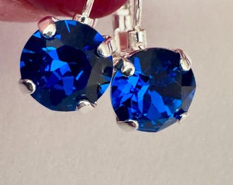 Capri Blue Swarovski Crystal Earrings, Royal Blue 8mm Round Crystal Chaton, Prong Set in Sterling Silver Lever Back Earrings.