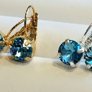 Aquamarine Swarovski Crystal Earrings, Aqua 8mm Round Crystal Prong Set in Silver or Gold Leverback Earrings
