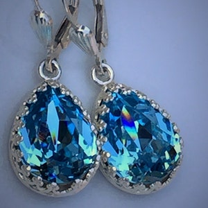 Aquamarine Pear Shape Swarovski Earrings, Aqua Crystal Teardrop Bezel Set, Sterling Silver Leverback Earrings