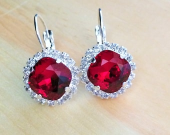 Red Crystal Sparkly Earrings, Swarovski Crystal 10mm Square in Siam, Prong Set in Crystal Rhinestone Silver Lever Back