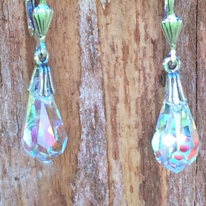 Crystal AB Swarovski Teardrop Earrings, Sterling Silver Leverbacks with 15mm Crystal Drop, Elegant Crystal Earrings, 15mm Teardrop Dangles