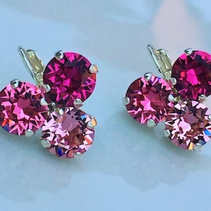 Pink Sparkle Cluster Earrings, Swarovski 8mm Crystal Chatons in Light Rose, Rose and Fuchsia Prong Set in Silver Leverback Earrings