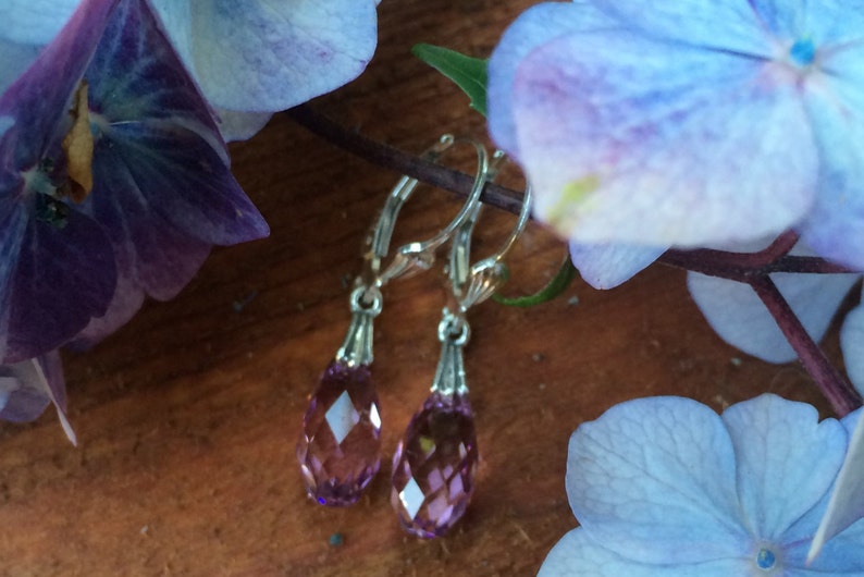 May include: A pair of silver hoop earrings with teardrop-shaped amethyst crystals hanging from them. The earrings are photographed against a background of purple and blue flowers.