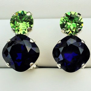 Go Hawks Swarovski Clip Ons, Seahawk Colors Non Pierced Earrings, Peridot and Dark Indigo Swarovski Crystals Prong Set, Silver Clip Ons