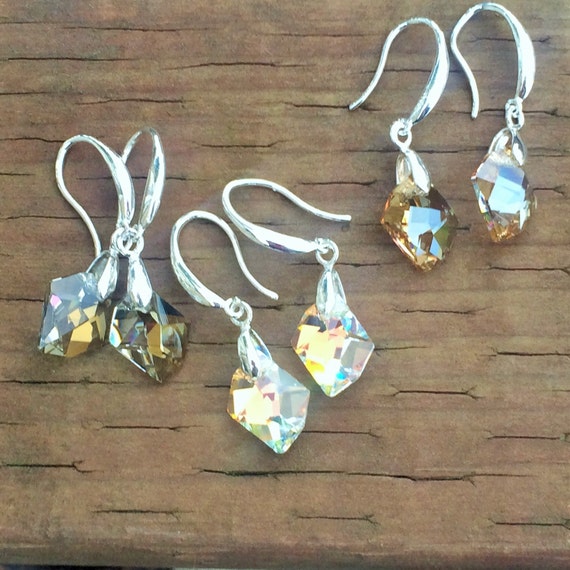 Cosmic Pendant Swarovski Earrings in Crystal AB Silver Shade and Golden Shadow Sterling Silver Hook Earrings