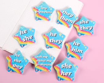 Pronoun Holographic Star-Shaped Button | Sparkly Rainbow Sky