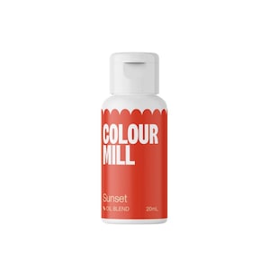 May include: A white bottle with a flip-top lid, featuring a red label with the text "COLOUR MILL" in white. The label also reads "Sunset OIL BLEND" and "20mL". The bottle is designed for food coloring.