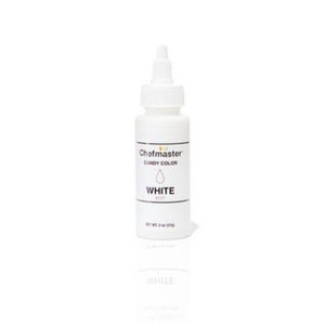 May include: A white bottle of Chefmaster Candy Color food coloring. The bottle has a white cap and a label that reads "WHITE" with a drop graphic. The bottle contains 2 oz (57g) of product.