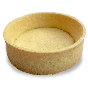 May include: A single, empty, round tart shell with a light golden-brown color. The baked pastry has a cylindrical shape with a flat bottom and a slightly raised edge, perfect for filling with sweet or savory ingredients.