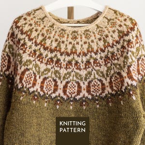 Pomegranate Icelandic Lopapeysa Sweater Knitting Pattern PDF • Botanical Colorwork Yoke