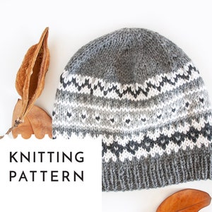 Grey Fair Isle Knit Hat Pattern, Adult and Kid Hat Knitting PDF Pattern, Nordic Hat Pattern, Aran Yarn Beanie Pattern image 1