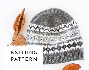 Grey Fair Isle Knit Hat Pattern, Adult and Kid Hat Knitting PDF Pattern, Nordic Hat Pattern, Aran Yarn Beanie Pattern