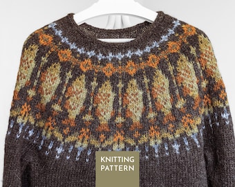 May include: A dark brown long-sleeve jumper featuring a round neckline and a decorative yoke with a multi-coloured knit pattern in shades of orange, light green, and pale blue. A rectangular overlay displays the text KNITTING PATTERN.