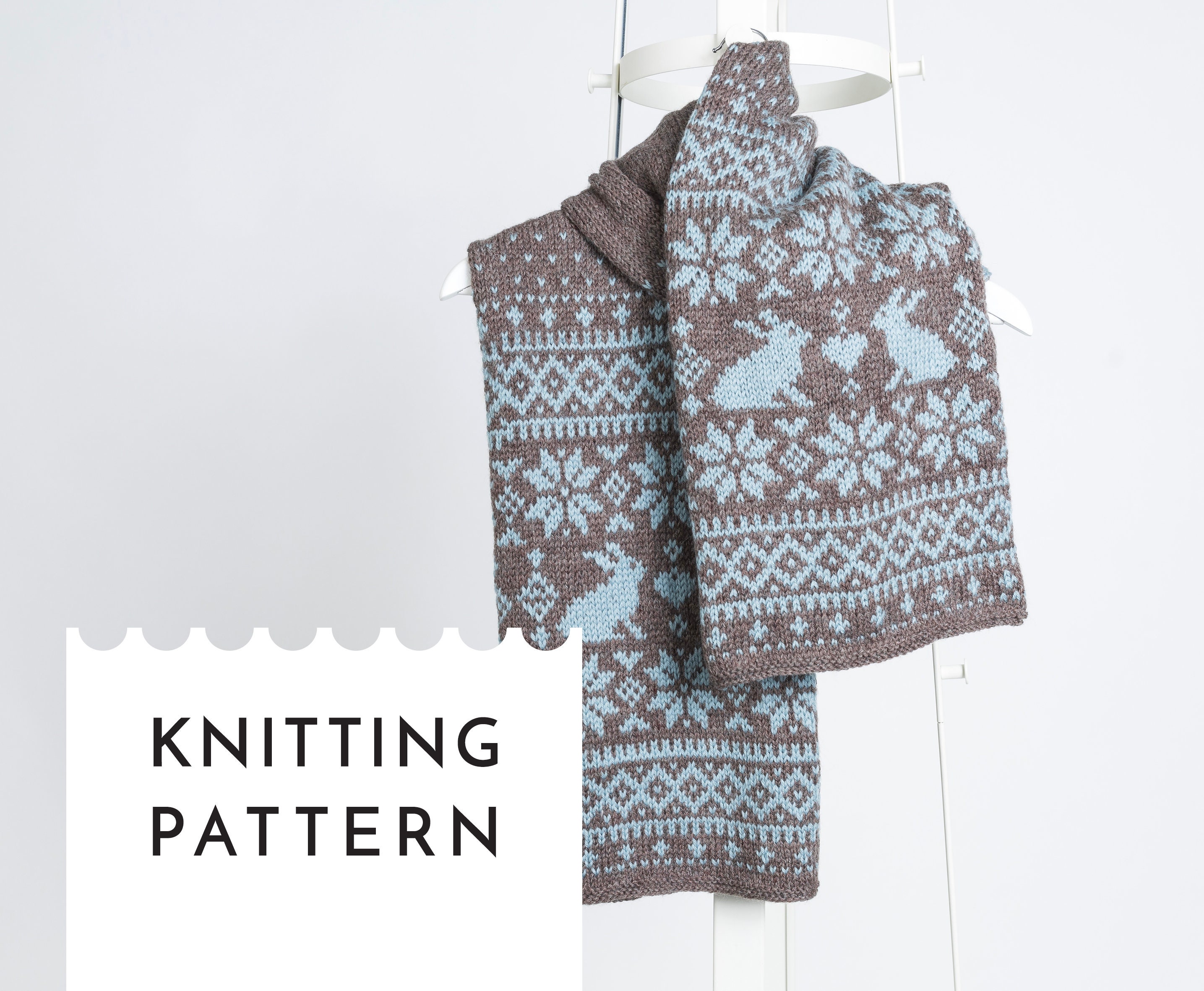 SONKA Bunny Fair Isle Scarf Knitting PDF Pattern, Extra Long