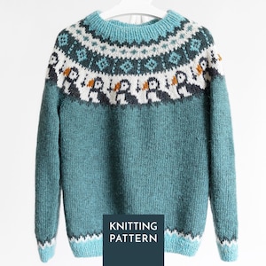 Puffin Birds Icelandic Lopapeysa Sweater Knitting Pattern PDF — Nordic Yoke Pullover for Adults and Kids