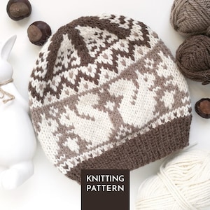 Può includere: Un berretto lavorato a maglia con un motivo fair isle nei toni del marrone e della crema, con un bordo a coste marrone a tinta unita. Il design include forme geometriche ripetute e motivi animali stilizzati. Un riquadro scuro mostra il testo KNITTING PATTERN.