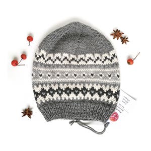 Grey Fair Isle Knit Hat Pattern, Adult and Kid Hat Knitting PDF Pattern, Nordic Hat Pattern, Aran Yarn Beanie Pattern image 9