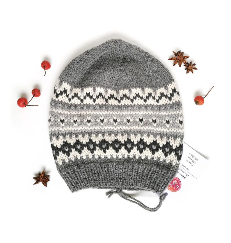 Grey Fair Isle Knit Hat Pattern, Adult and Kid Hat Knitting PDF Pattern, Nordic Hat Pattern, Aran Yarn Beanie Pattern image 9