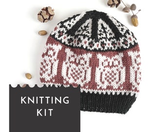 OWL Hat Knitting Kit, Fair Isle Hat Knitting Pattern and Yarn, Selbu Nordic Hat DIY, Adult Craft Kit