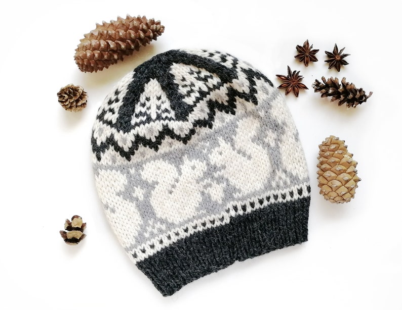 Grey Squirrel Hat Knitting PDF Pattern, Selbu Squirrel Knit Hat Pattern, Fair Isle Hat Adult, Aran Yarn Nordic Hat Pattern image 5