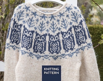 May include: A cream-coloured knit jumper featuring a yoke with a repeating dark blue owl pattern and geometric tree motifs. The jumper has a round neckline and long sleeves. A dark blue square overlay at the bottom displays the text KNITTING PATTERN.