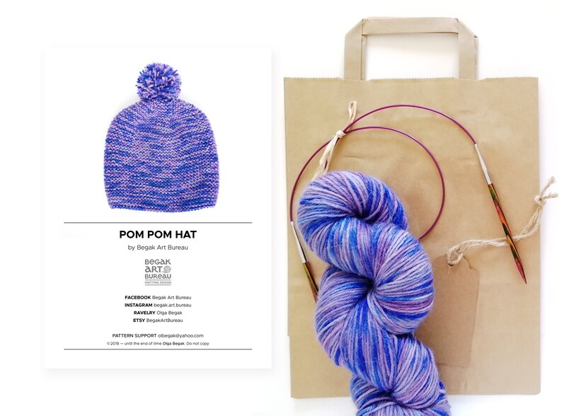 Pom Pom Hat Knitting Kit Hand Dyed Yarn Pom Pom Hat Knitting Pattern DIY Pom Pom Beanie Kit