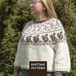 May include: A cream-colored long-sleeve sweater featuring a brown yoke with a repeating pattern of squirrels and pine trees. The sweater has a round neckline with a brown trim and a boxy fit. A brown square overlay displays the text KNITTING PATTERN.
