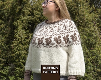 Squirrel Icelandic Lopapeysa Sweater Knitting Pattern PDF • Nordic Yoke Pullover for Adults and Kids