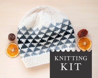 TRIANGLE Hat Knitting Kit, DIY Craft Kit with Wool and Knitting Pattern, Modern Beanie for Adults and Kids, Unique Gift for Beginner Knitter