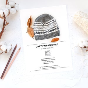 Grey Fair Isle Knit Hat Pattern, Adult and Kid Hat Knitting PDF Pattern, Nordic Hat Pattern, Aran Yarn Beanie Pattern image 2