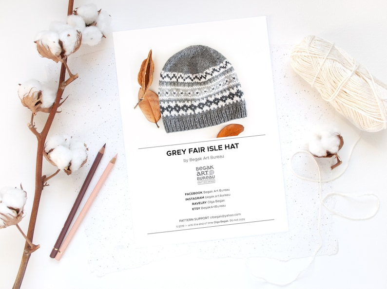 Grey Fair Isle Knit Hat Pattern, Adult and Kid Hat Knitting PDF Pattern, Nordic Hat Pattern, Aran Yarn Beanie Pattern image 2