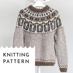 May include: Knitting pattern for a brown and white jumper with a geometric owl design. The pattern includes the text "Knitting Pattern".