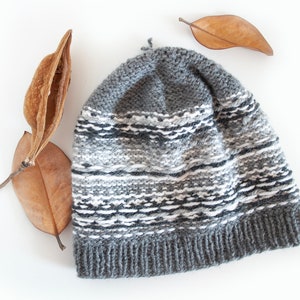 Grey Fair Isle Knit Hat Pattern, Adult and Kid Hat Knitting PDF Pattern, Nordic Hat Pattern, Aran Yarn Beanie Pattern image 6
