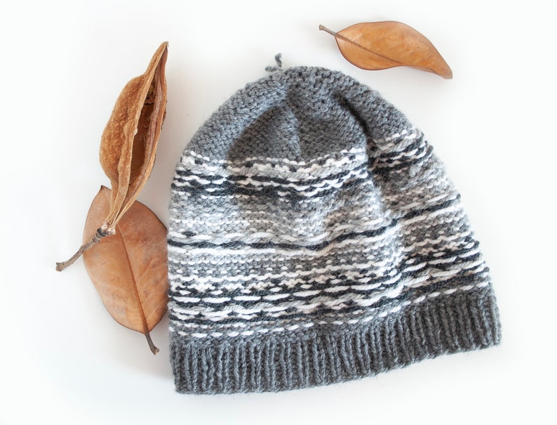 Grey Fair Isle Knit Hat Pattern, Adult and Kid Hat Knitting PDF Pattern, Nordic Hat Pattern, Aran Yarn Beanie Pattern image 6