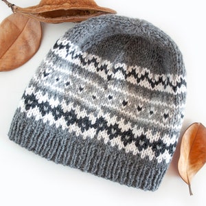 Grey Fair Isle Knit Hat Pattern, Adult and Kid Hat Knitting PDF Pattern, Nordic Hat Pattern, Aran Yarn Beanie Pattern image 8
